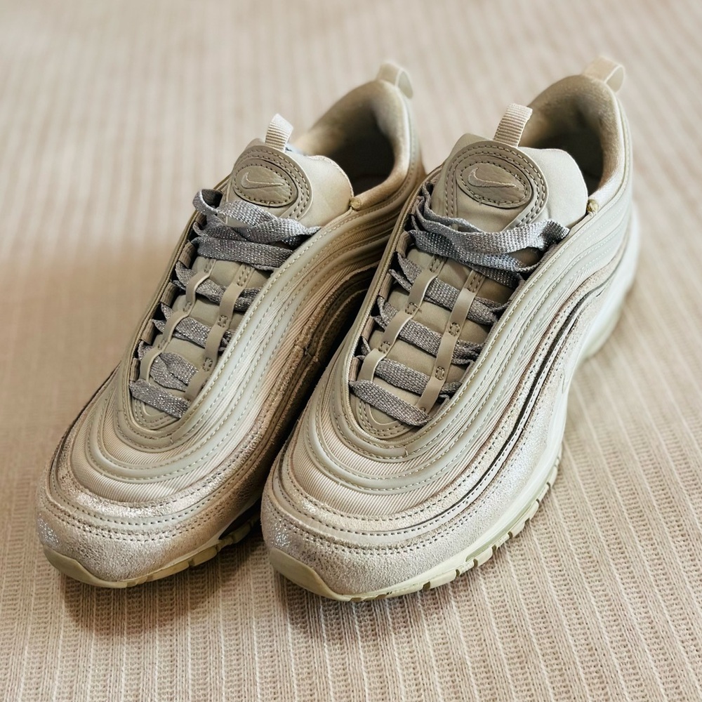 Nike Air Max 97 Beige Sneakers with custom silver laces. Women’s size 10